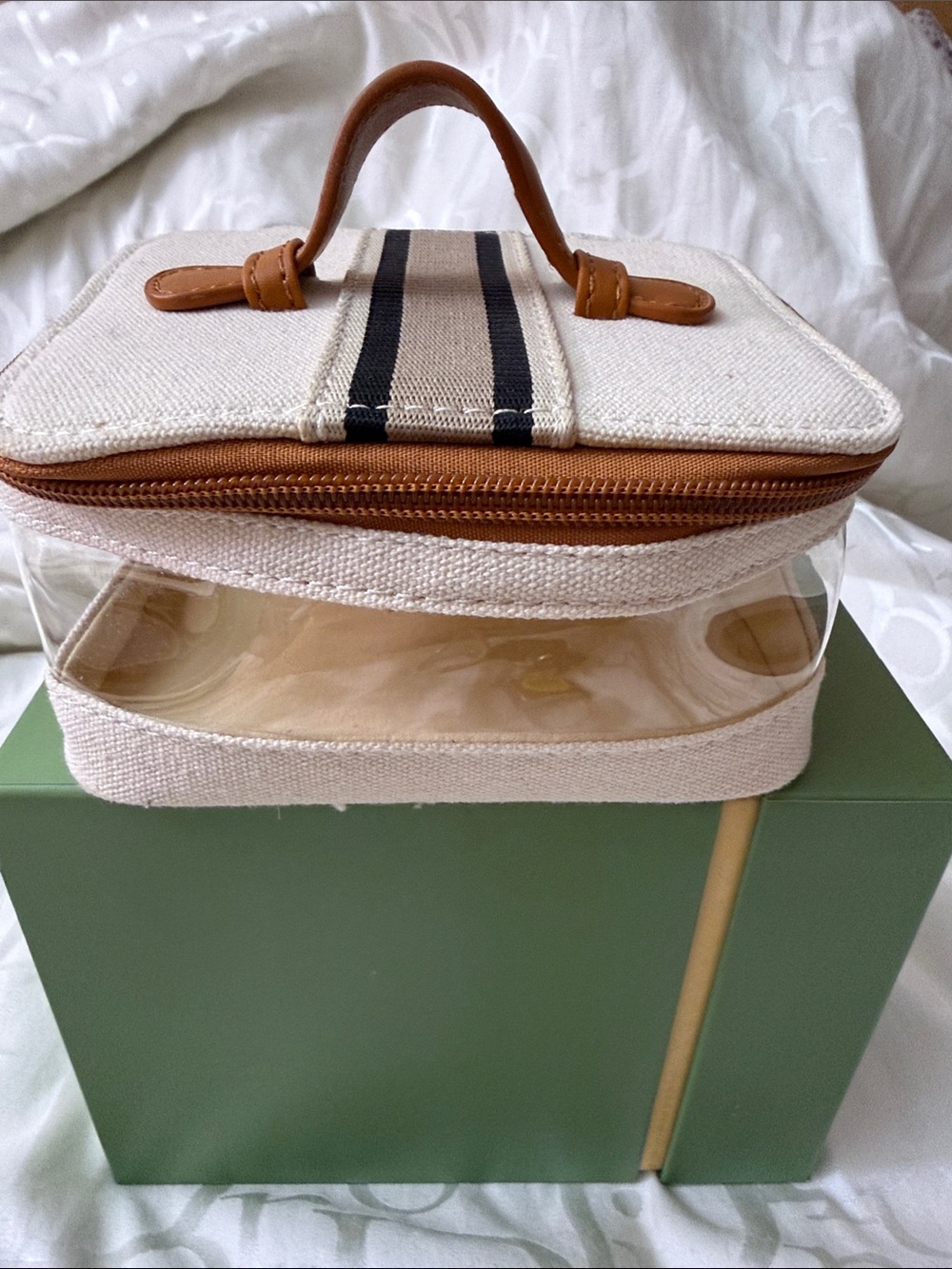 Canvas and Clear Panel Cosmetic Case with Tan Trim